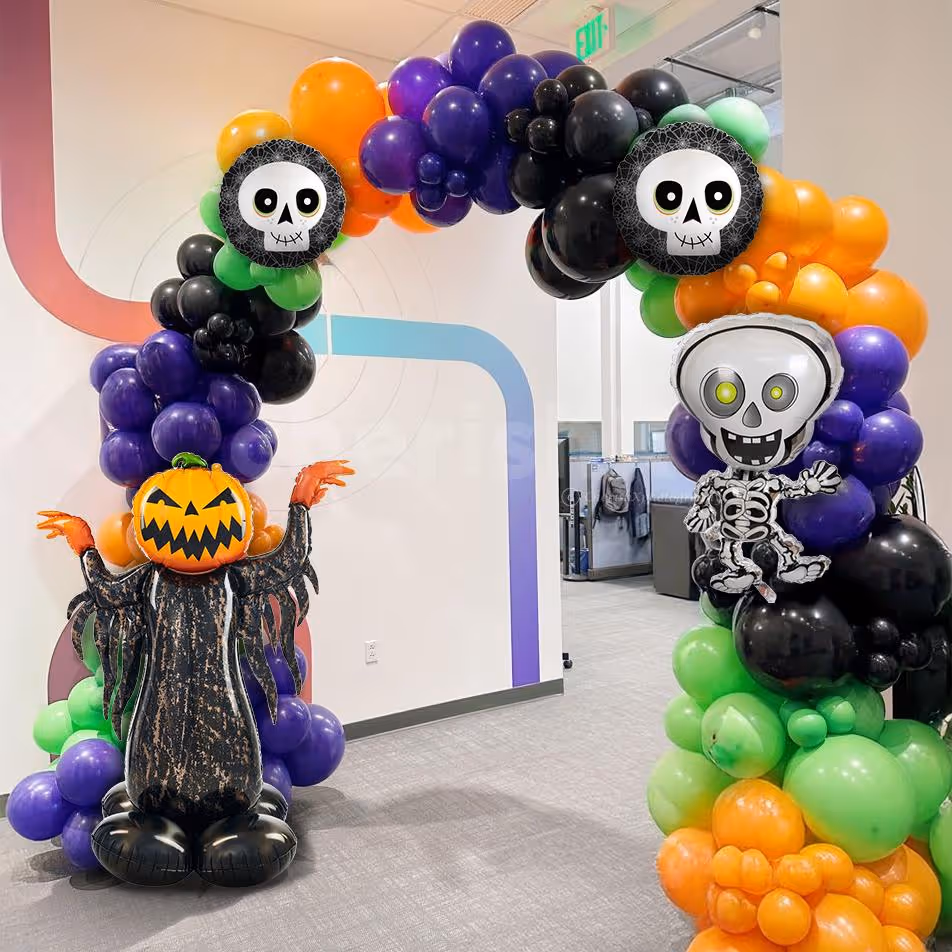 Greet guests with a Halloween balloon entrance arch that is bright and spooky.
