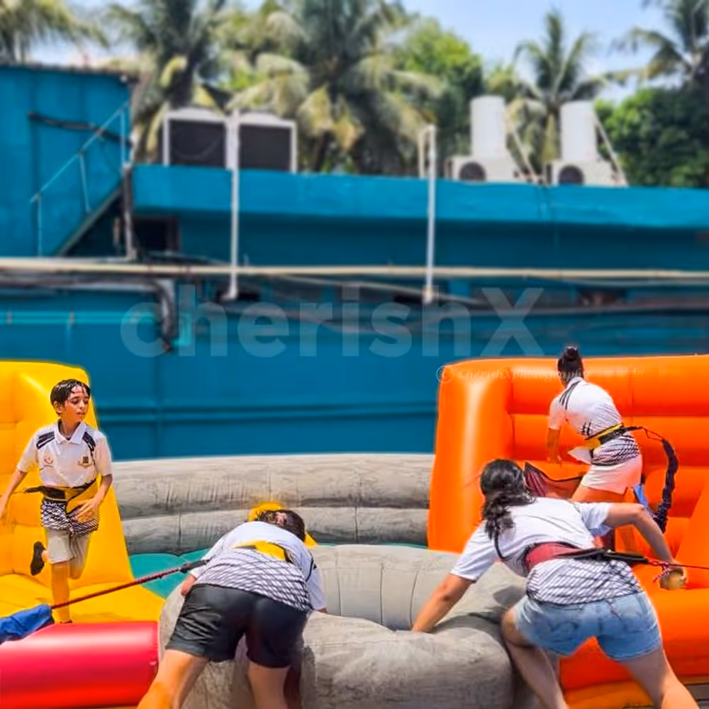 Exciting inflatable bungee run where kids race and shoot basketballs