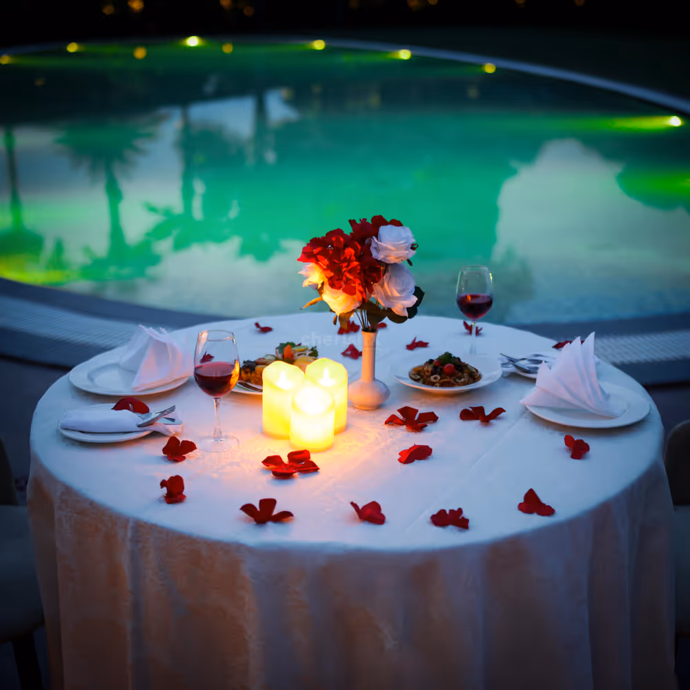 romantic candlelight dining by the pool in delhi ncr