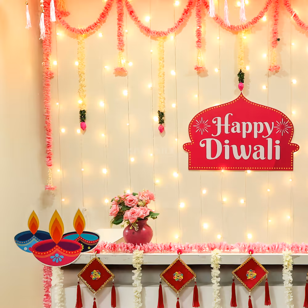 Happy Diwali sunboard, and lotus cutouts add positivity to the celebration
