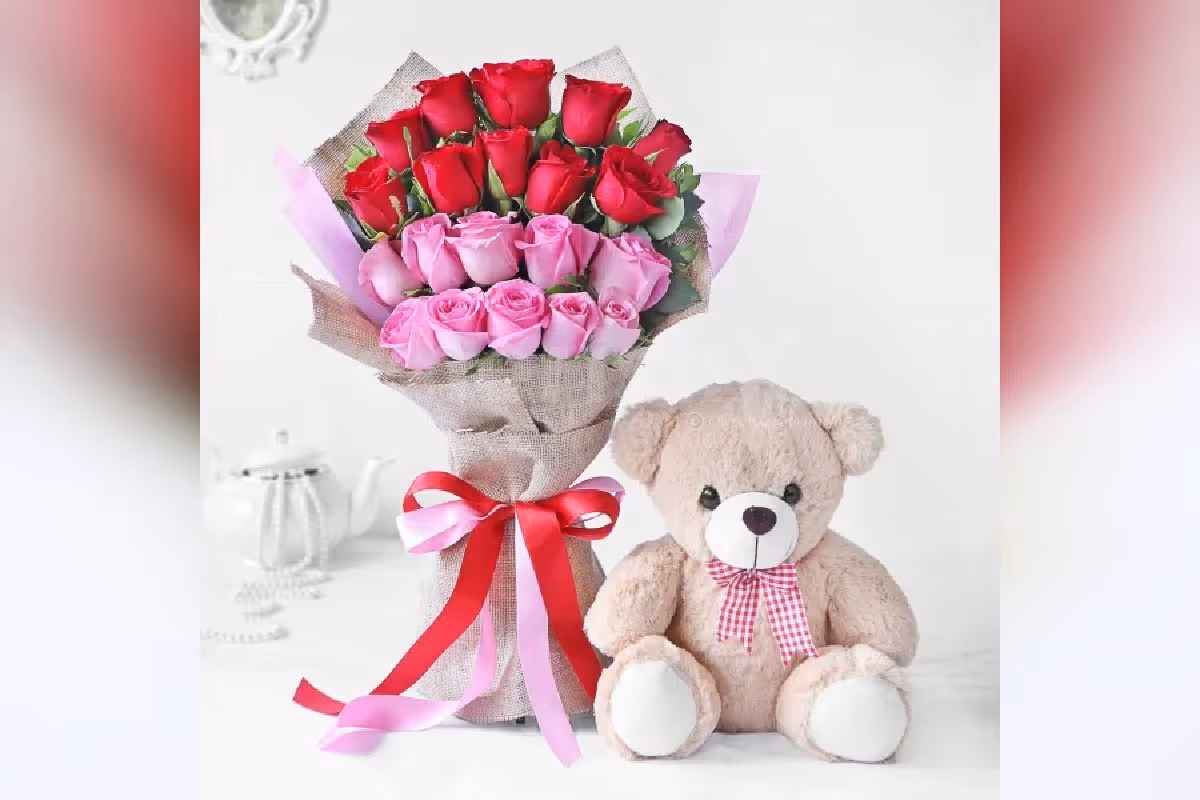 20 roses with a teddy bouquet