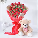 A lovely bouquet of 20 red roses with a cute teddy makes a romantic gift.