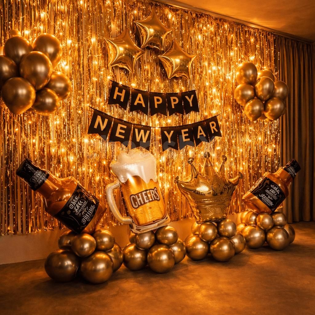 Black and gold New Year Decoration with foil balloons and party backdrop.