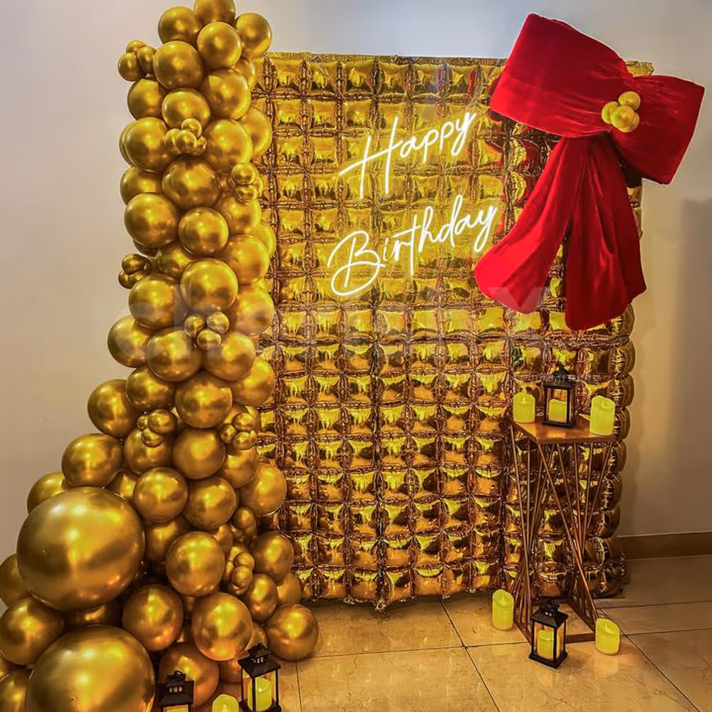 Square foil with round chrome and macron balloons creates amazing visuals