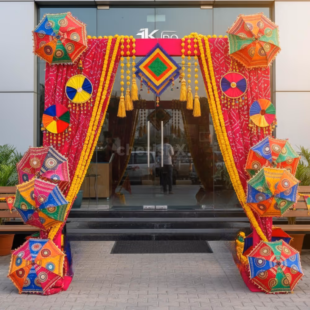 Artistic hangings add charm to the festive entryway and highlight vibrancy.