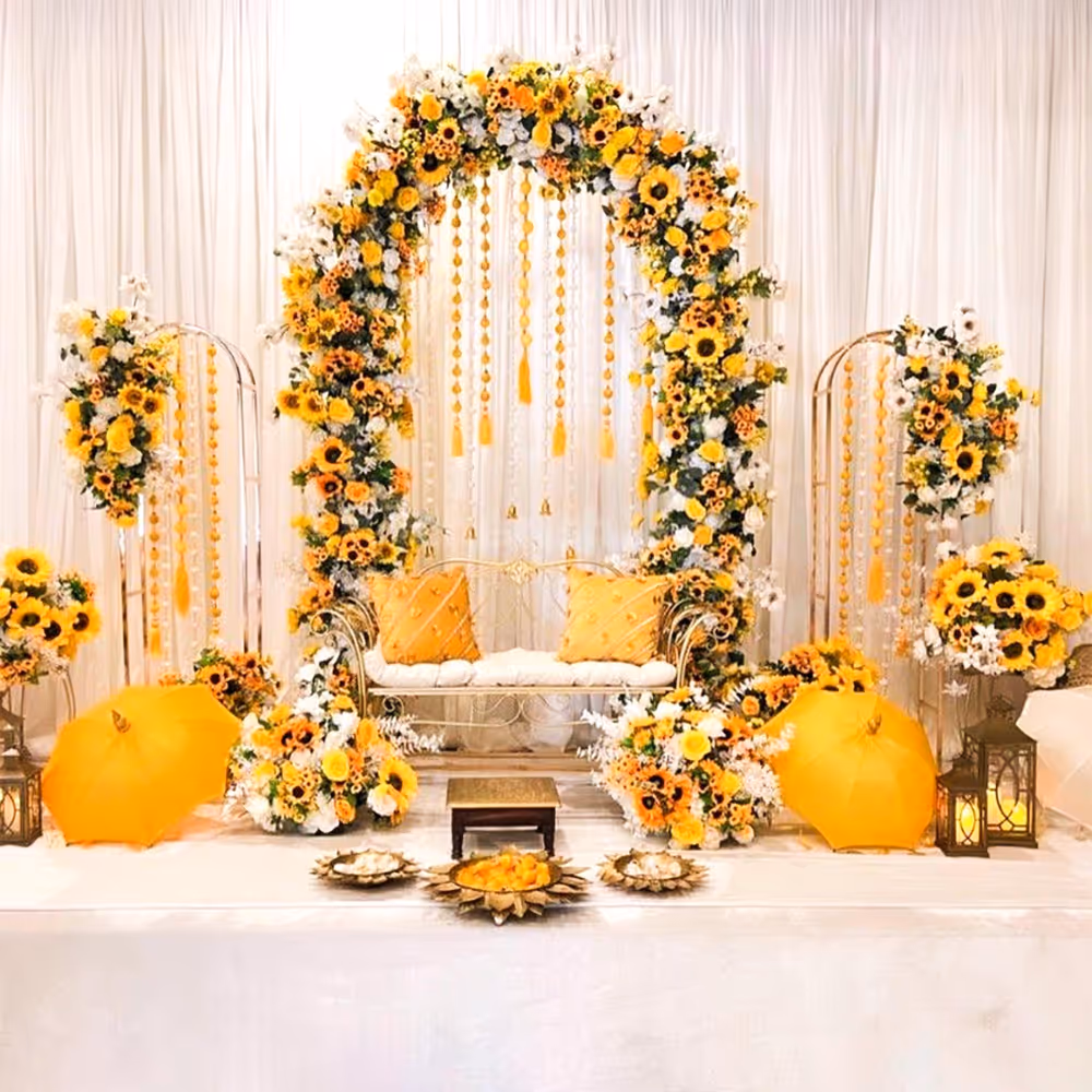 A sunny sunflower arch raining golden joy upon the setup.