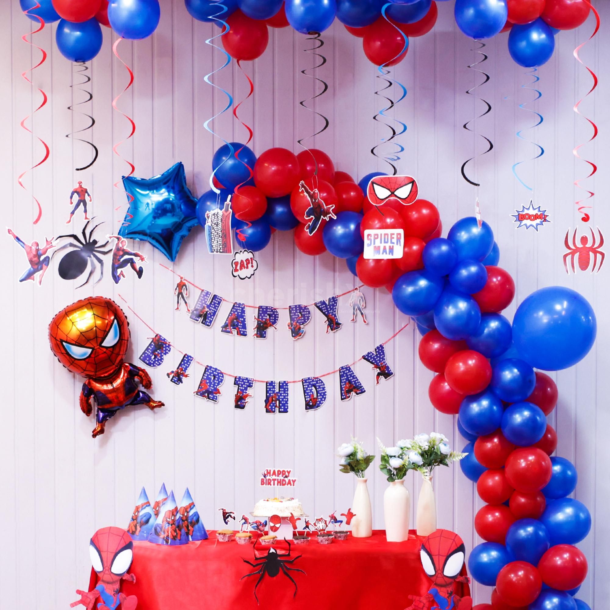 Spidey caps balloons and stickers turn a birthday into a joyride scene