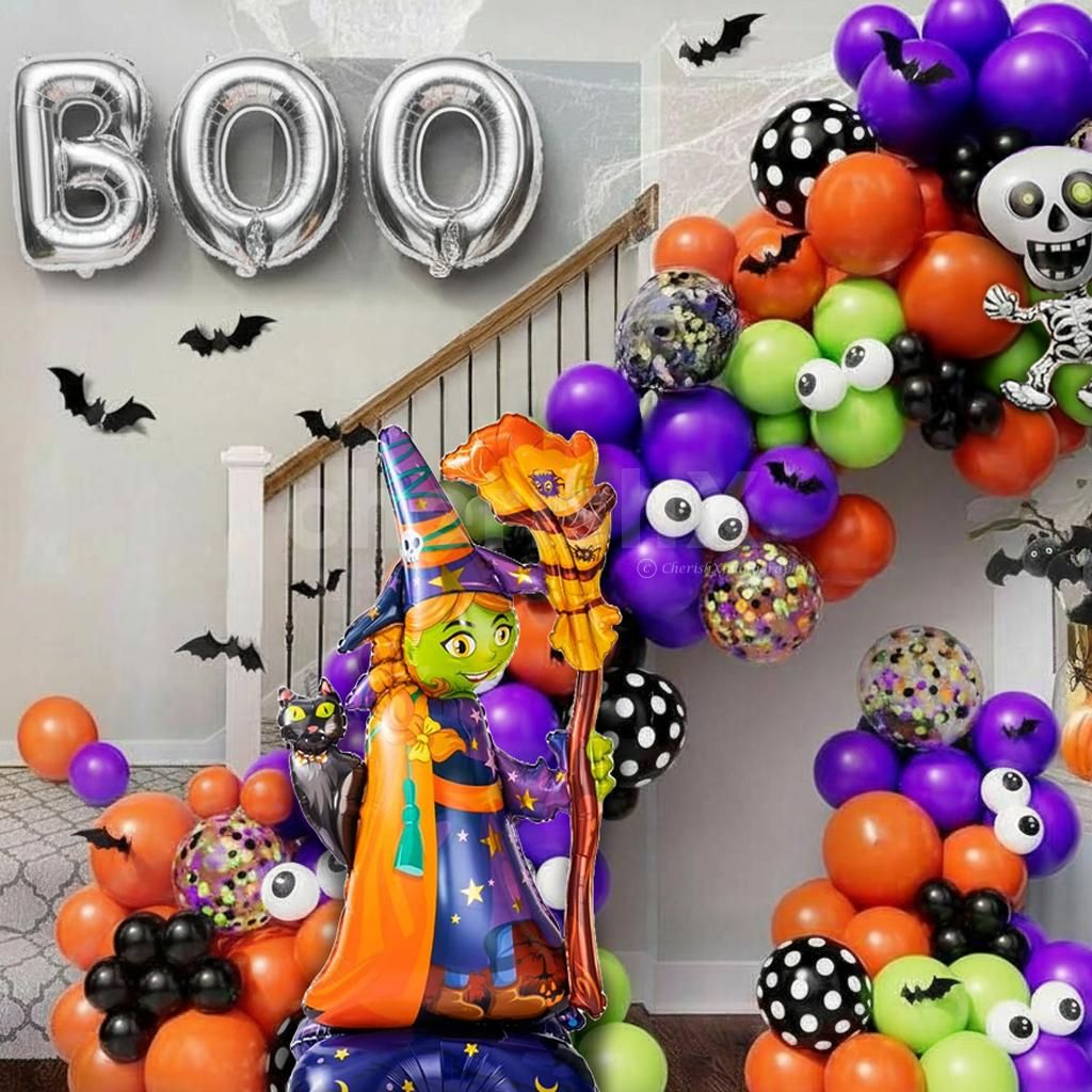 Add colour and creepiness with bats, balloons, and spooky BOO foil.