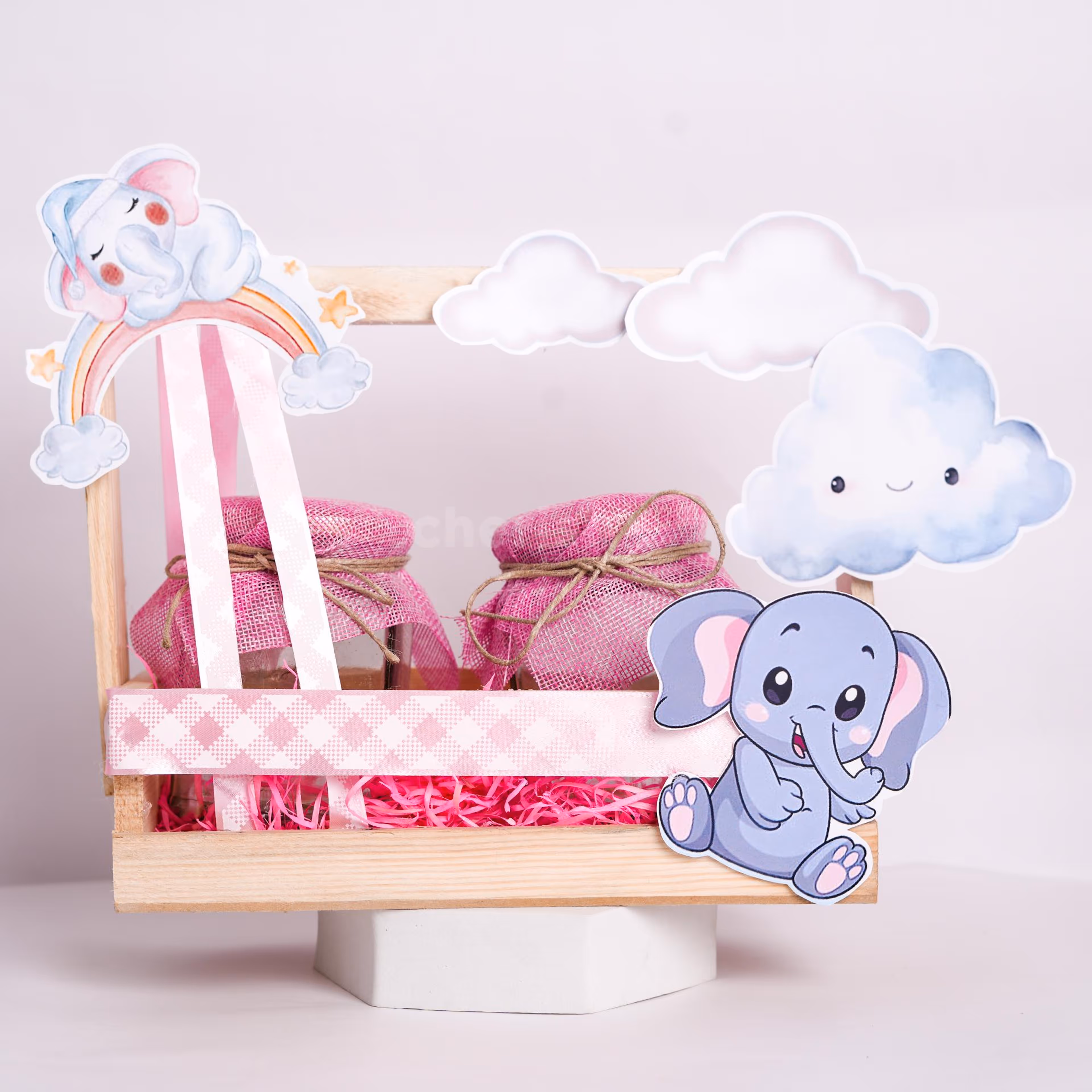 Quirky elephant-print hamper for a special birthday.
