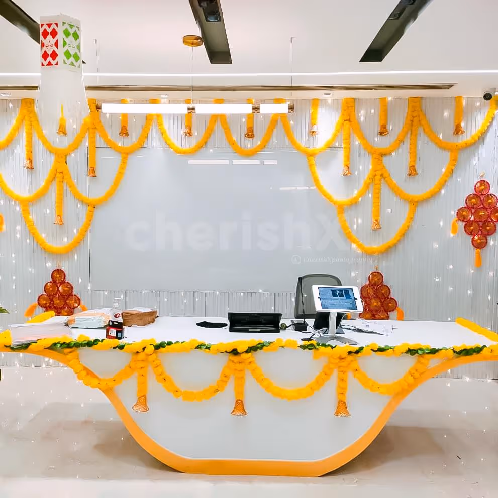 Pixel lights and golden bells add a dynamic glow throughout the workspace.