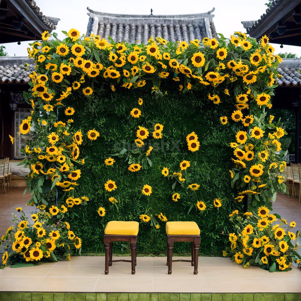 A wall of blooming sunflowers and verdant green leaves.