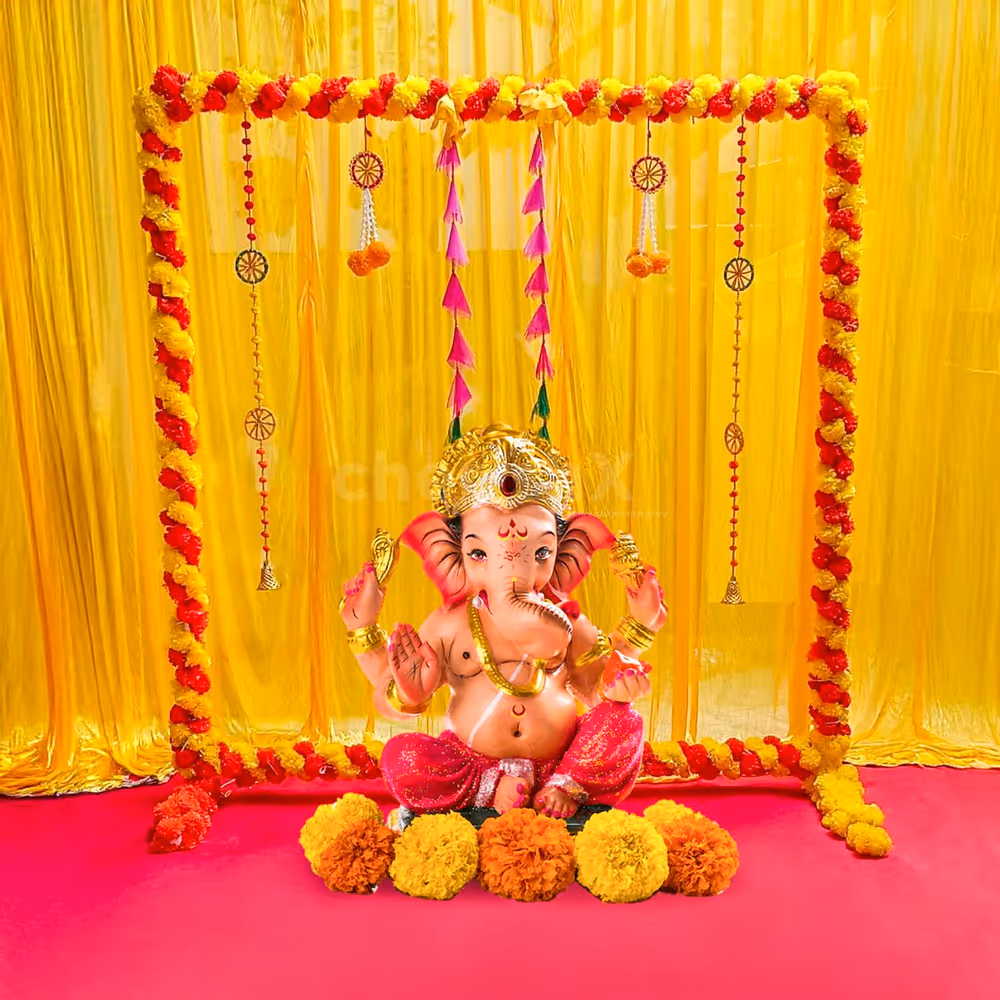 Sturdy PVC frame covered with double color garlands is a perfect backdrop for puja