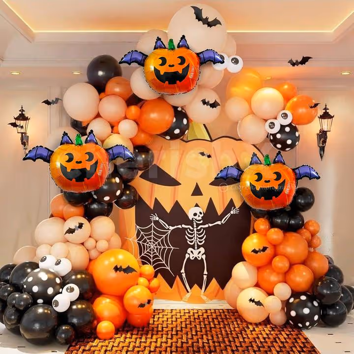 Halloween balloon arch with retro skin and black polka dot balloons is spooky yet stylish