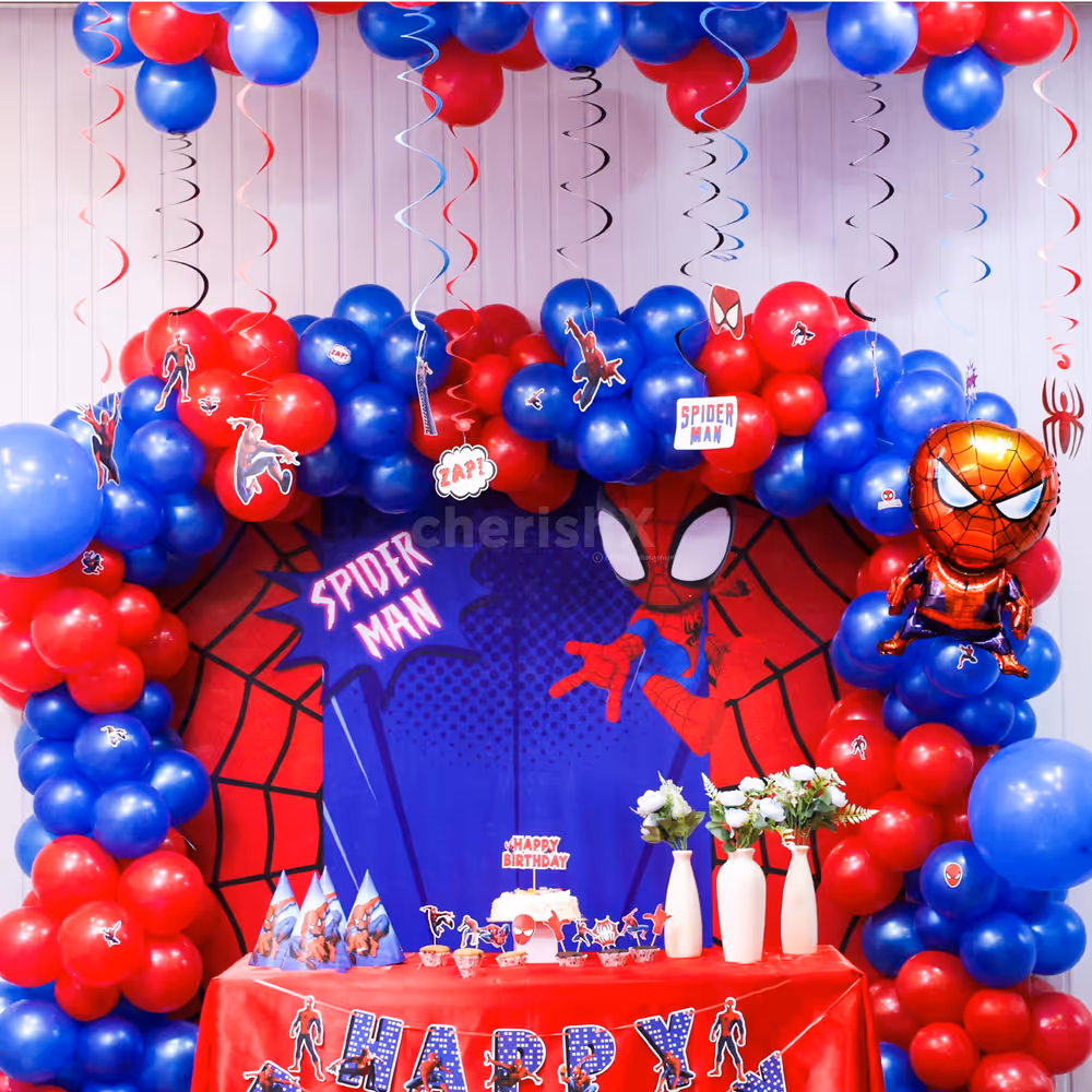 Birthday mode on balloons flying Spidey swinging for energy peaking
