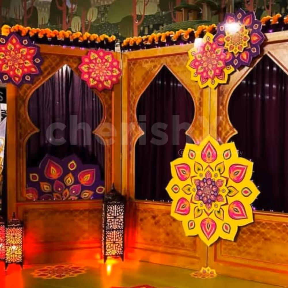 Lamps and props enhance the cultural setting beautifully, making it festive-ready.