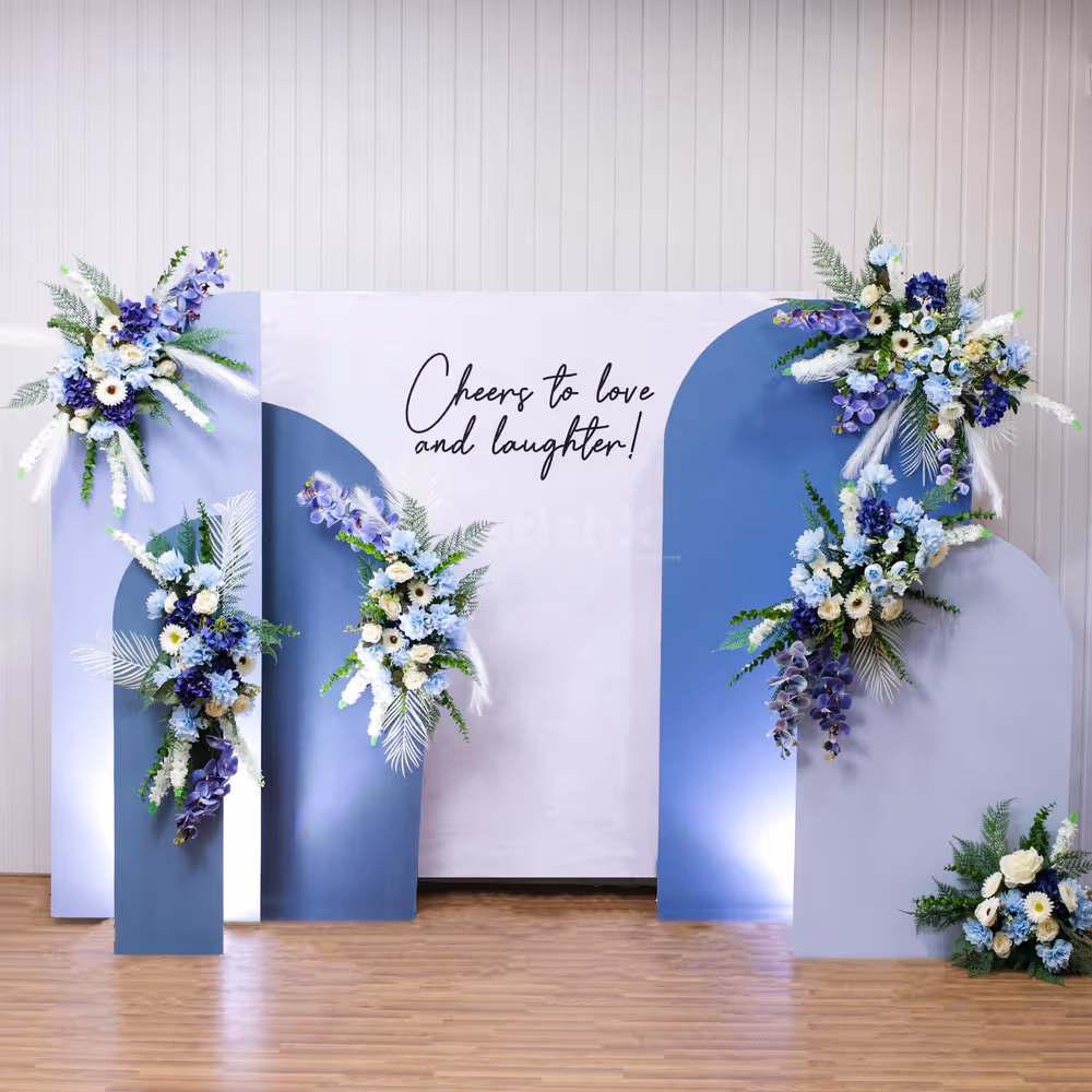 Bright lights colorful flowers and customized banner to celebrate engagement