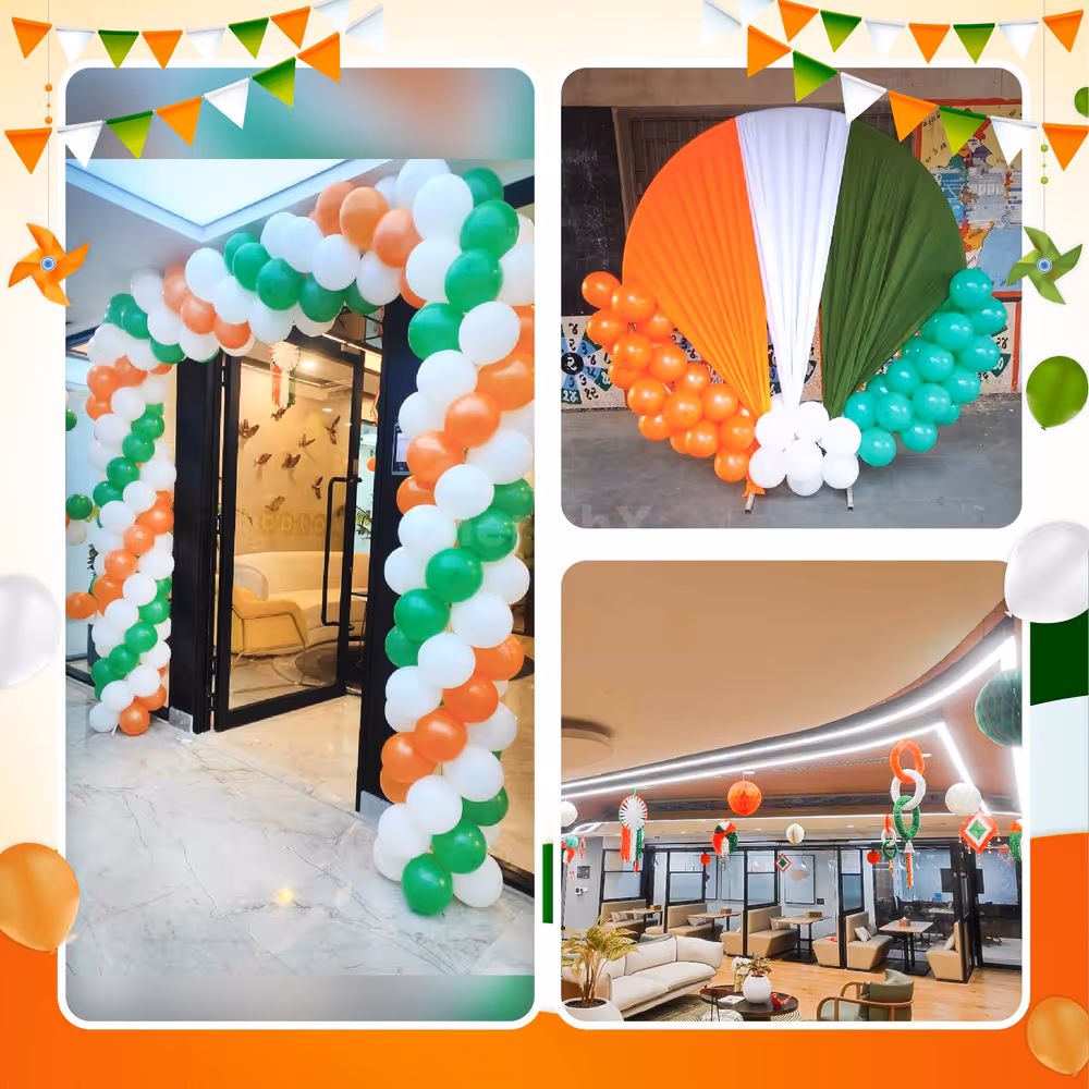 The entrance arch created with latex balloons in tricolour makes the space interactive