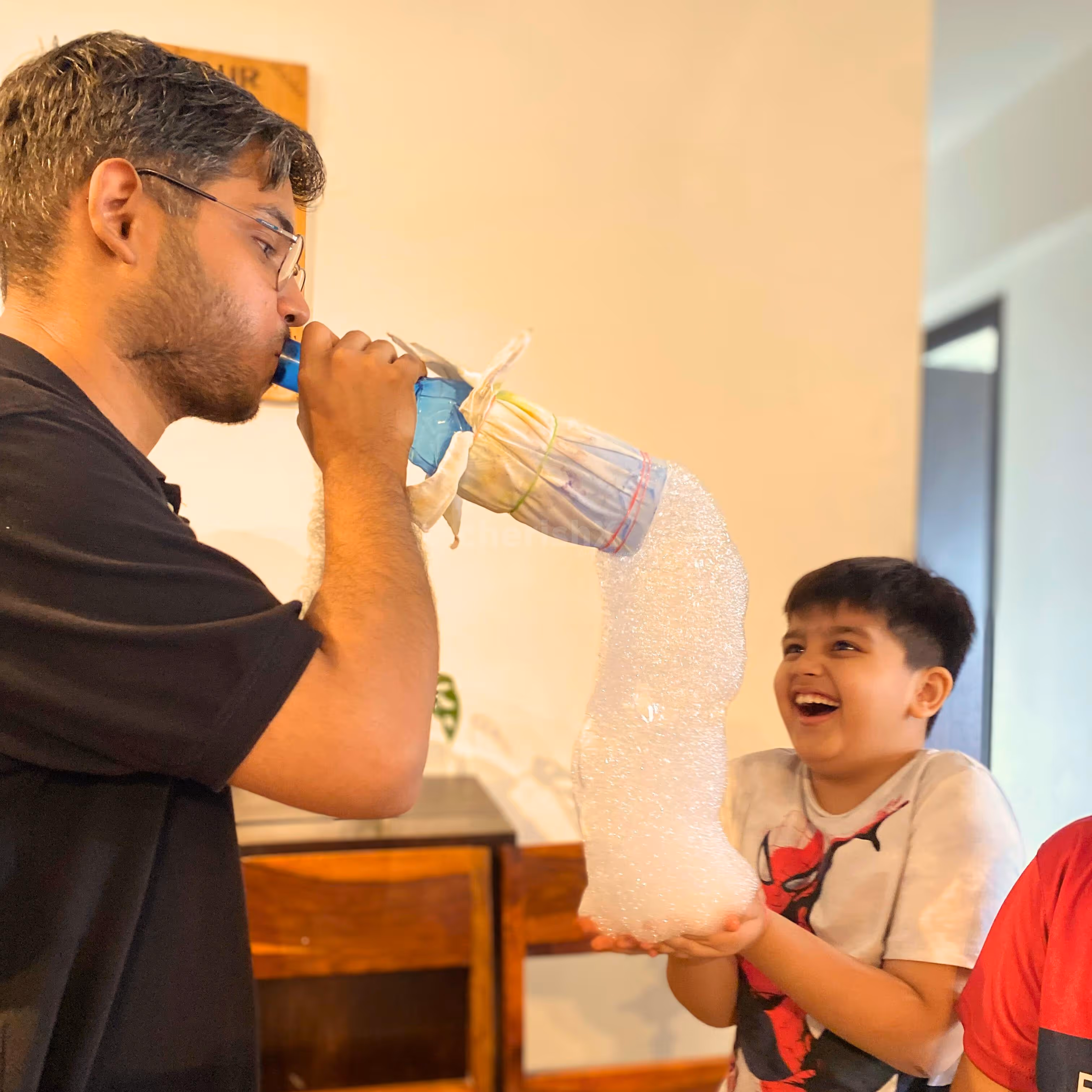 Giant bubble snakes floating through the air