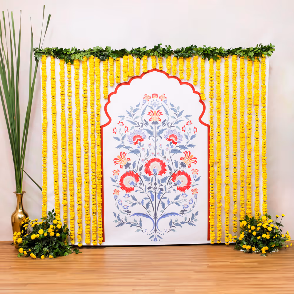 Light colors symbolize happy and festive moods while flex on stand print looks like rangoli