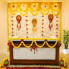 Double colour big bowl hangings catch eyes in this Diwali office desk decoration