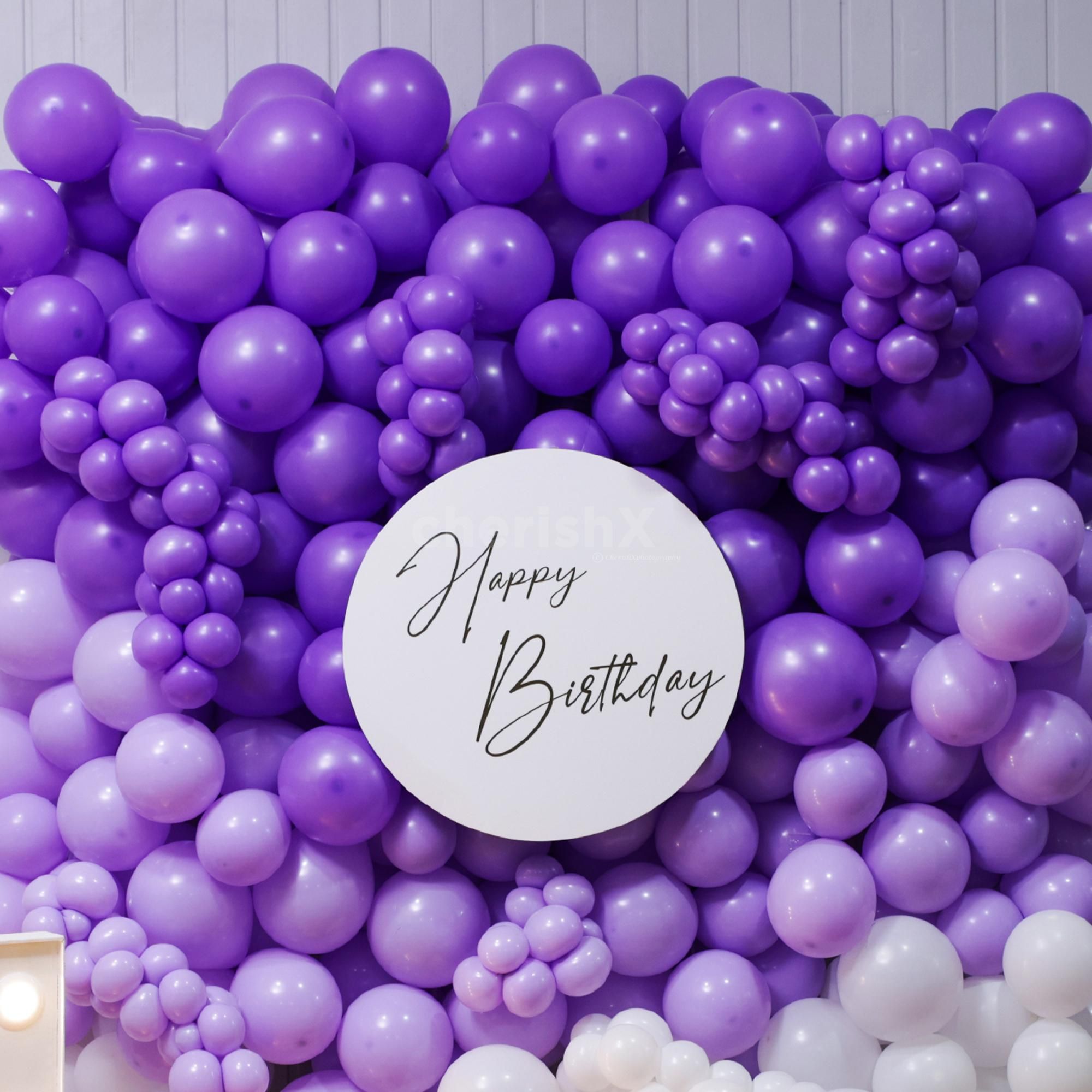Birthday photo pop with purple white balloons and custom sunboard cutout backdrop
