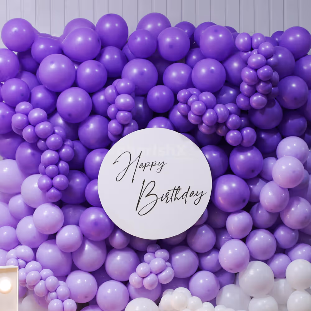 Birthday photo pop with purple white balloons and custom sunboard cutout backdrop