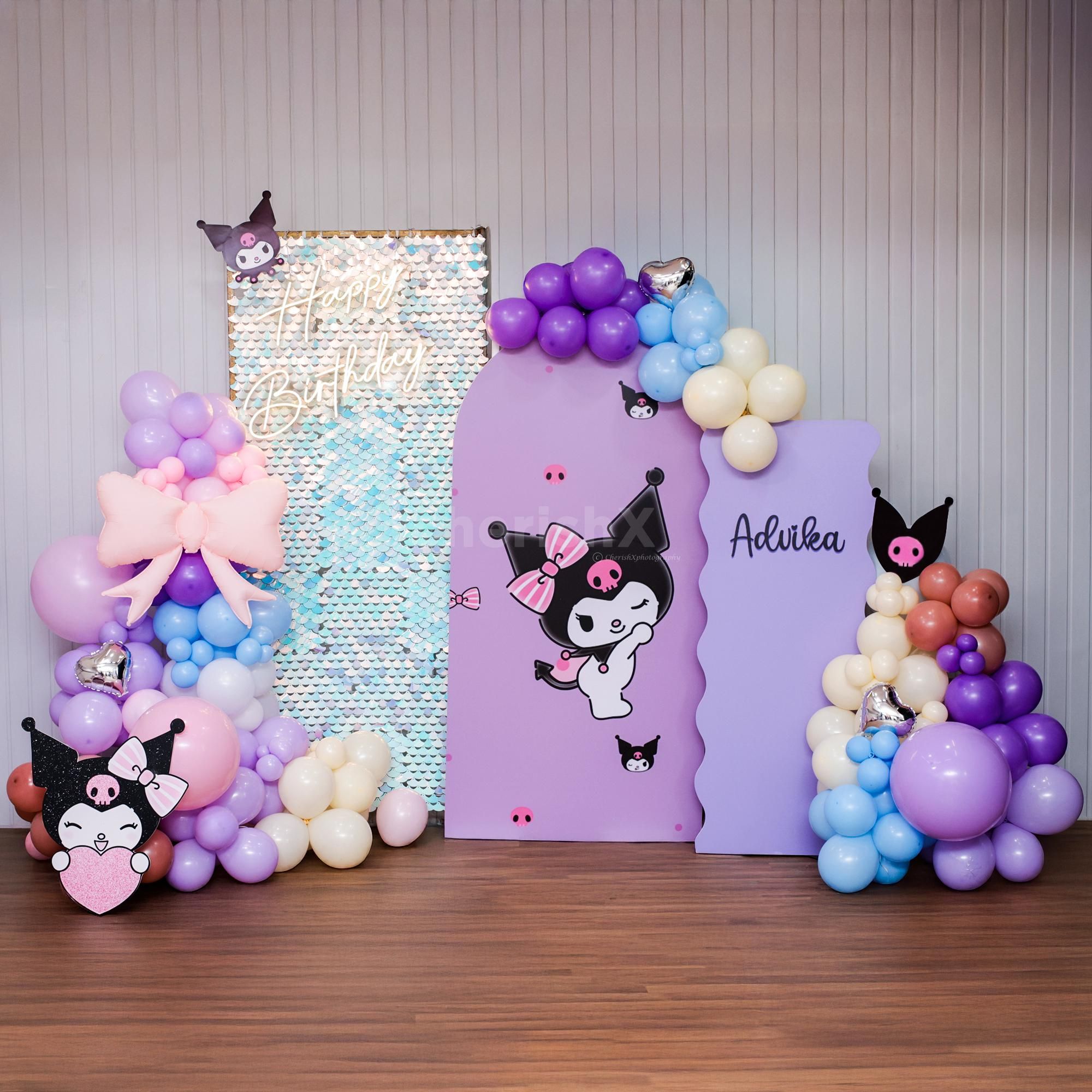 A glittering Kuromi birthday backdrop with pastel magic.
