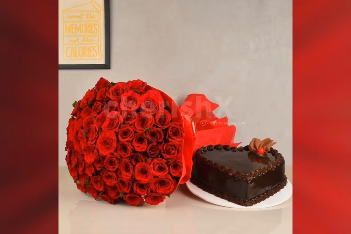 50 Red roses bouquet and a heart shape chocolate truffle cake