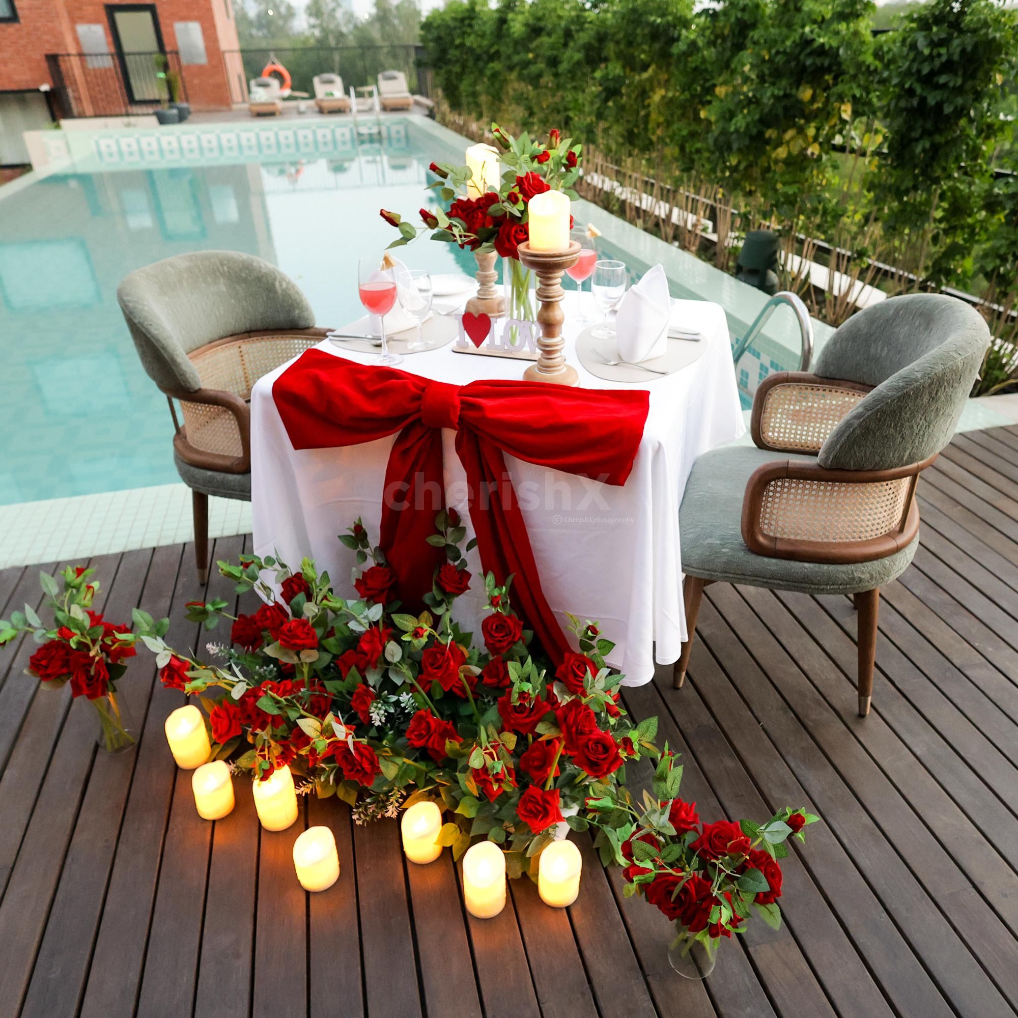 The perfect ambiance for heartfelt moments by the shimmering pool