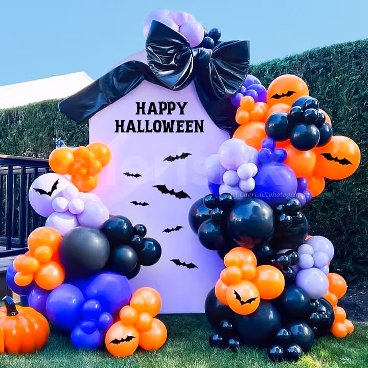 The balloon colors pop with festive energy and spooky style.