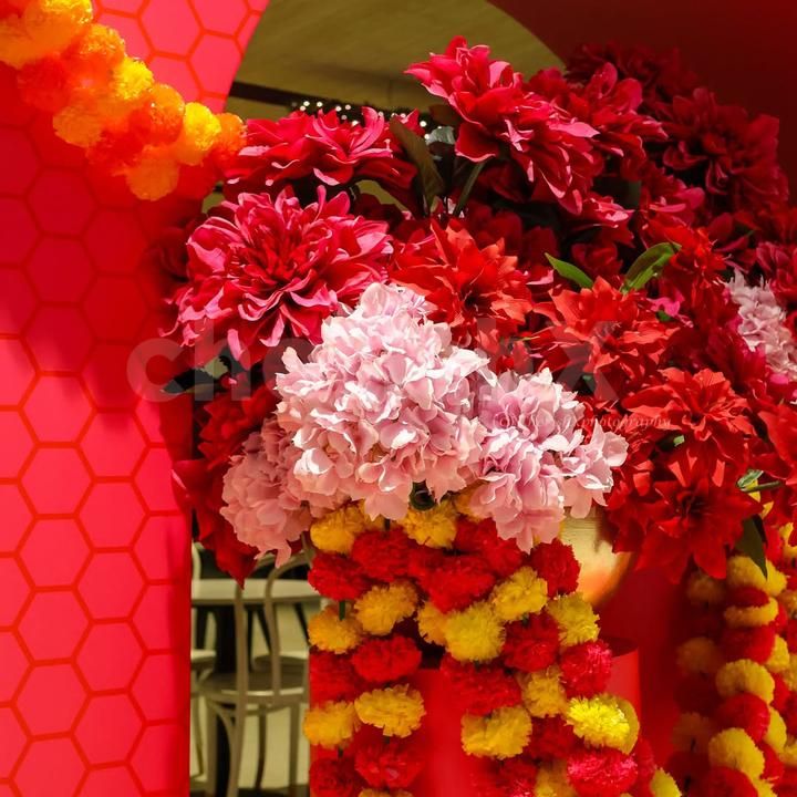 Perfect colorful backdrop for Diwali gatherings, pooja, anniversaries, and wedding photos.