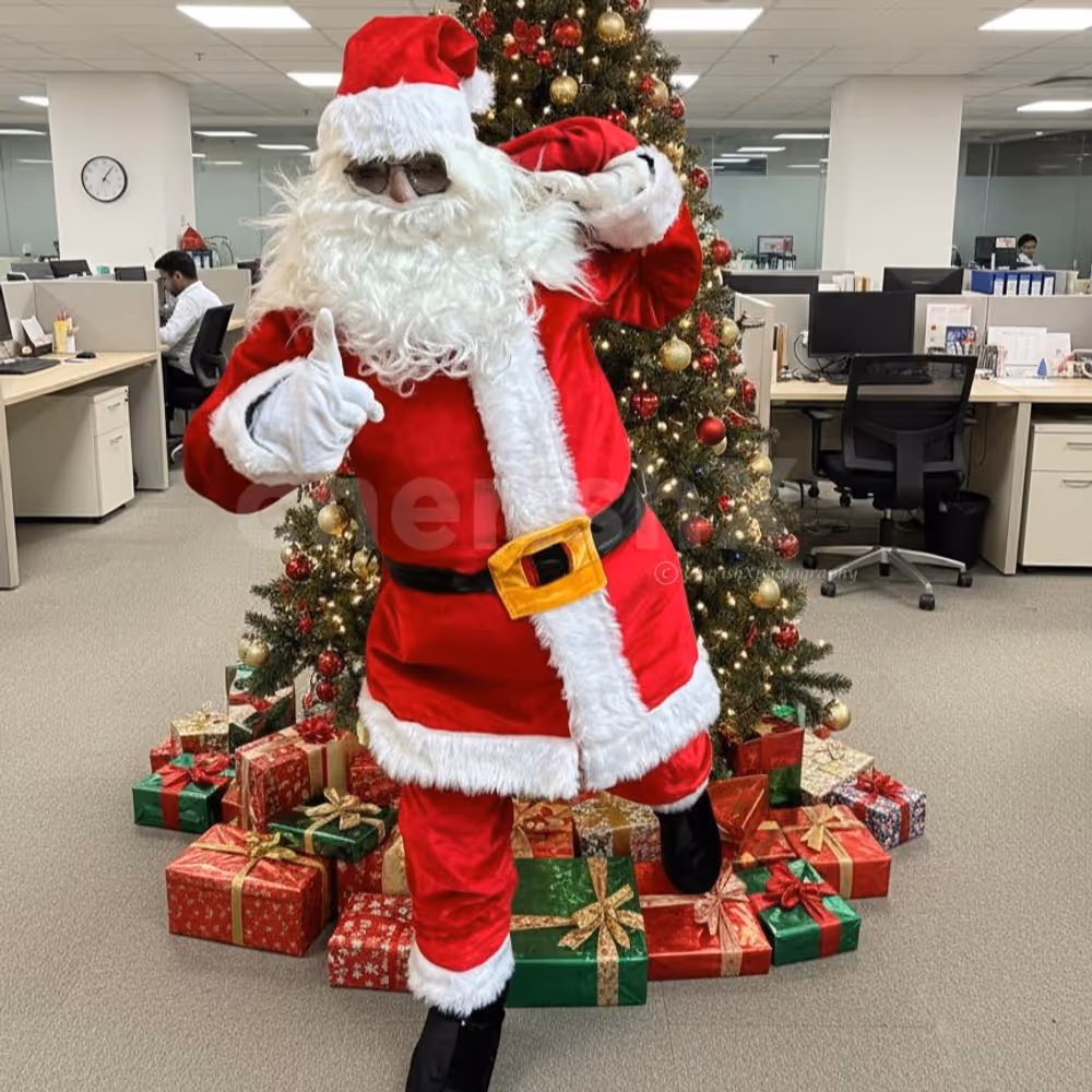 Santa is greeting guests and distributing gifts with holiday cheer.