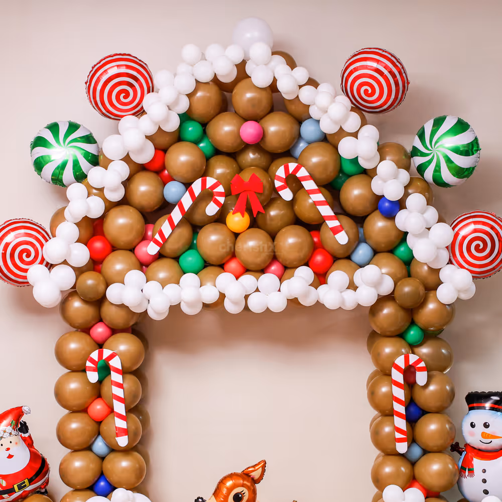 Foil balloons of Santa, snowman, and reindeer correlate with festivity