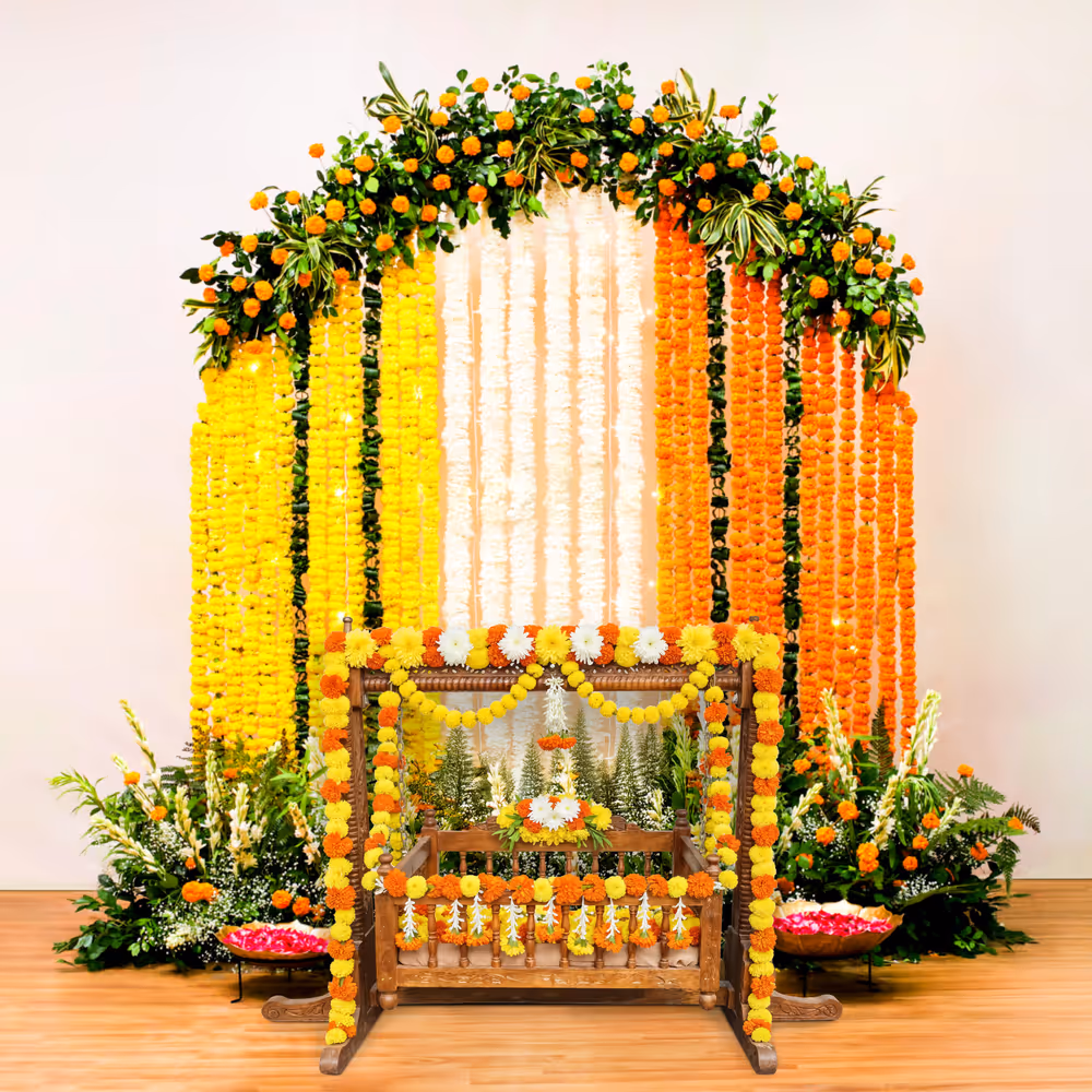 Pan strings and leaves bouquets ensure every auspicious colour is present at the ceremony