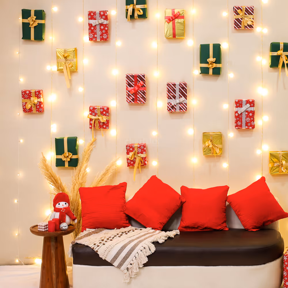 Twinkling pixel light strips neatly placed in rows with gift boxes create eye-catching decor