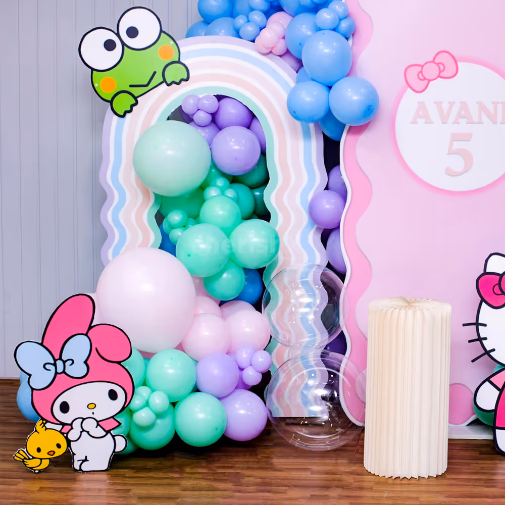 Adorable Hello Kitty and friends cutouts bring a playful atmosphere.