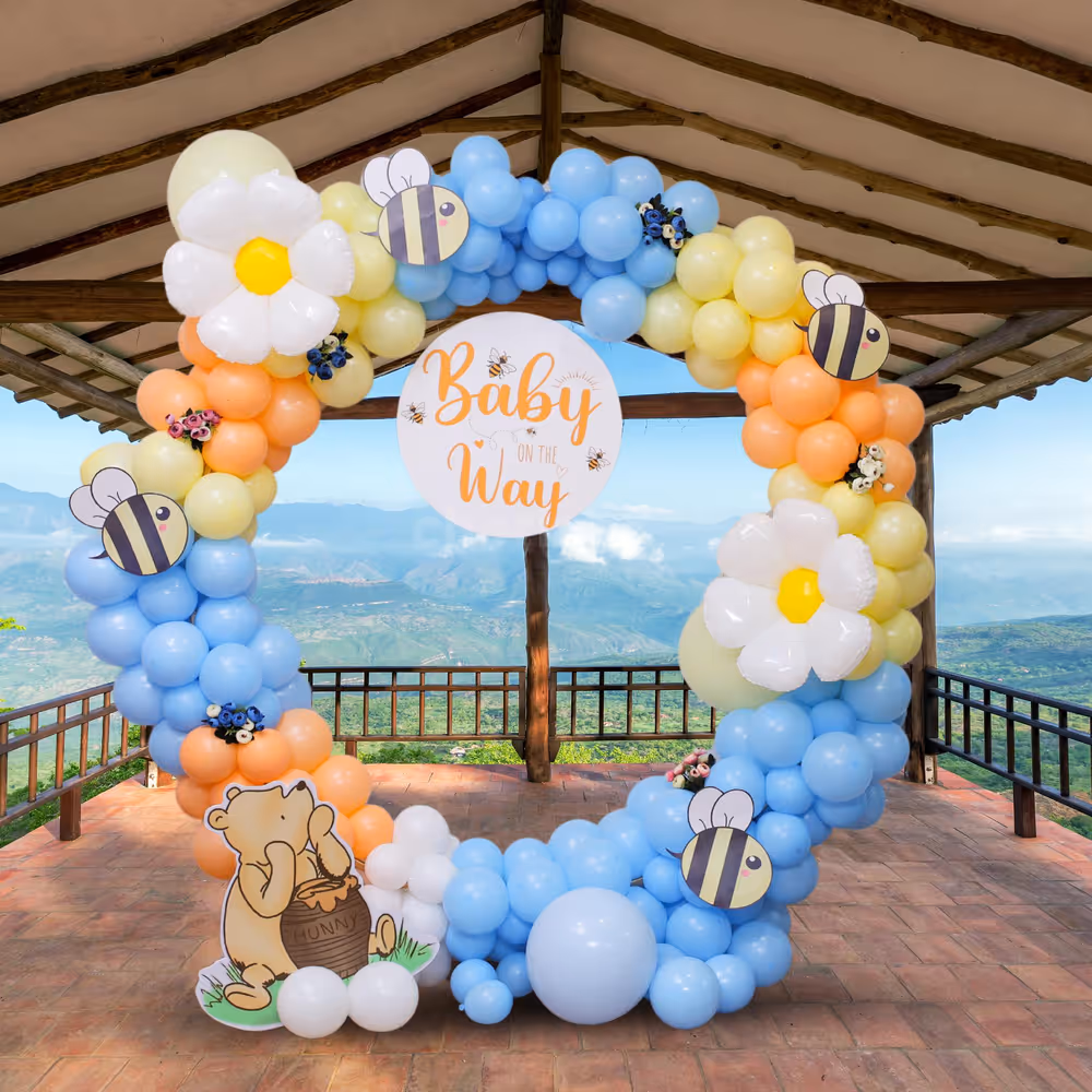 The pooh-themed decoration is ideal for baby showers and outdoor installations.
