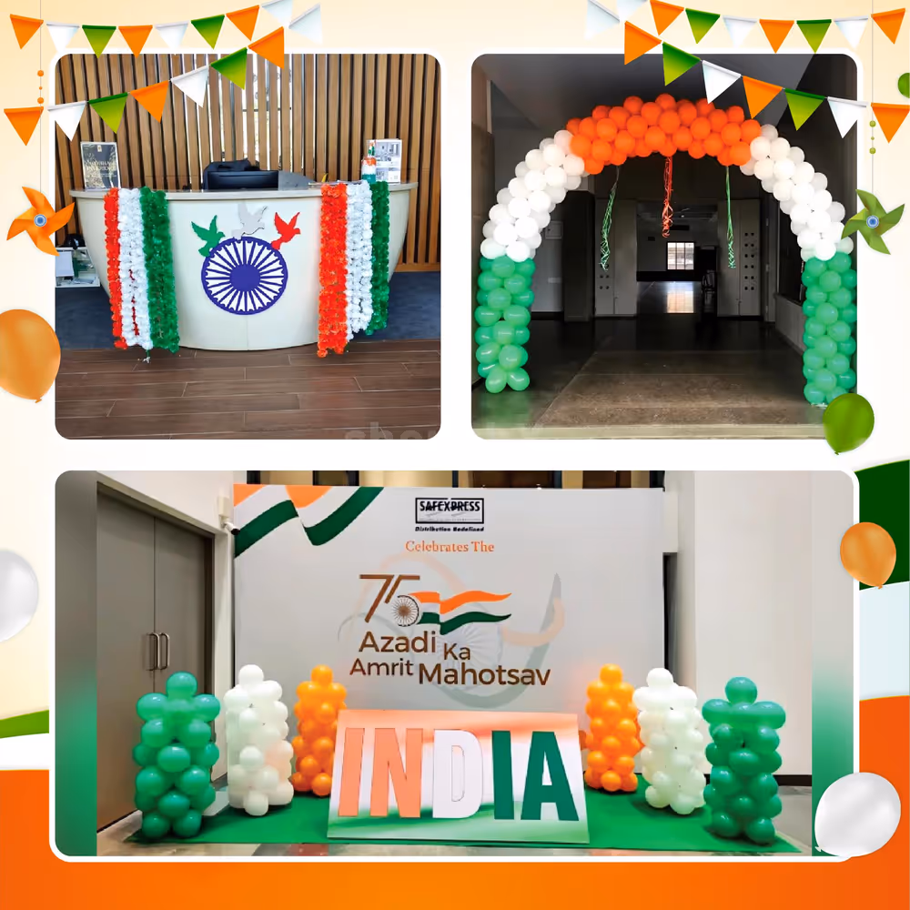 Balloon pillars flex banner with green floor flex banner brightens up the Centre spot