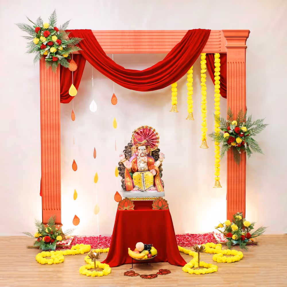 Fresh flower petals and red fabric incorporate the freshness needed for prayers