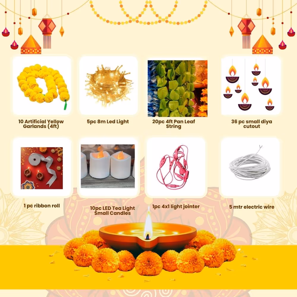 Festive Glow DIY Diwali Decoration Kit – Lights, Leaf Strings & Diya Decor Se