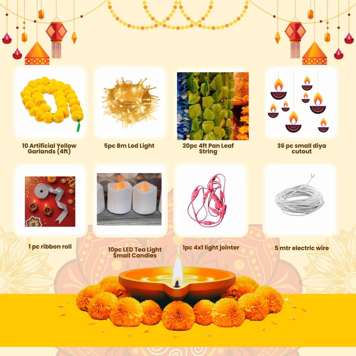 Festive Glow DIY Diwali Decoration Kit – Lights, Leaf Strings & Diya Decor Se