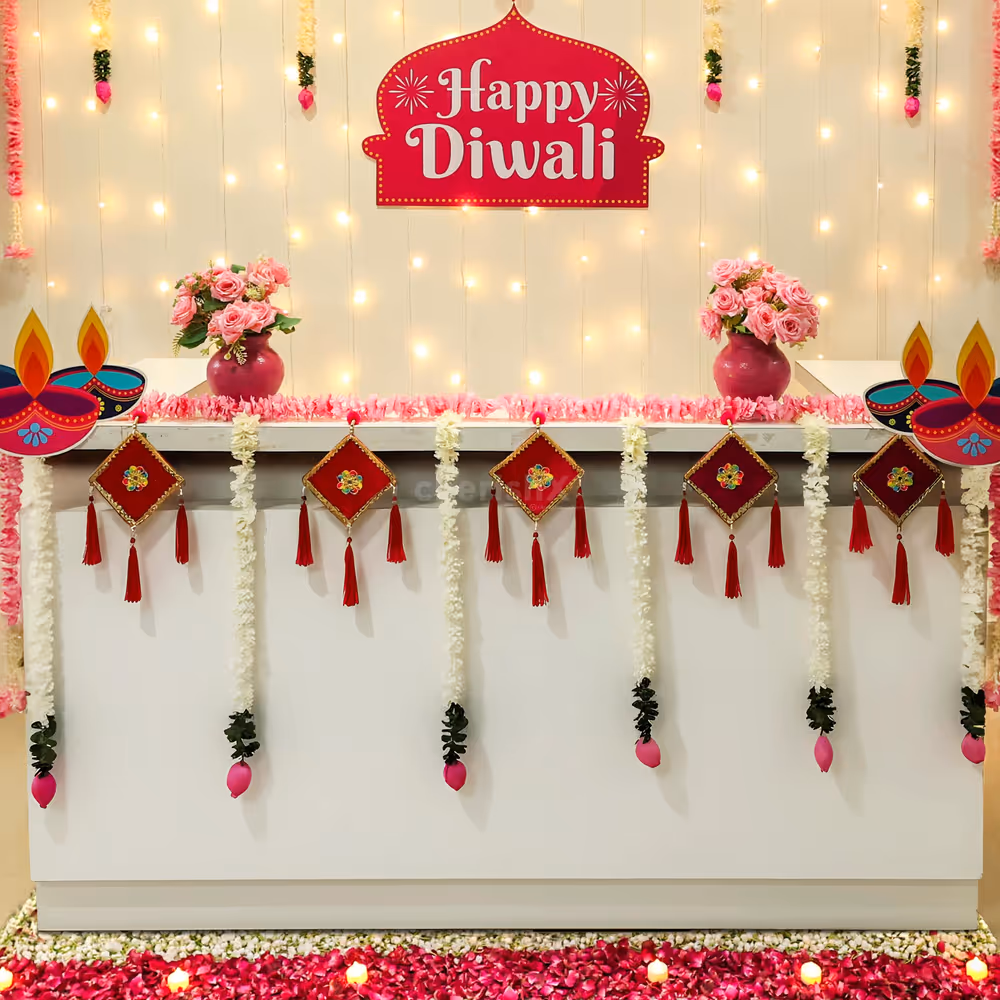 Pink garlands with tassels highlight the delightful color contrast to the reception styling.