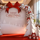 Shiny silver balloons arch reflect twinkling lights, sending shimmery festive vibes