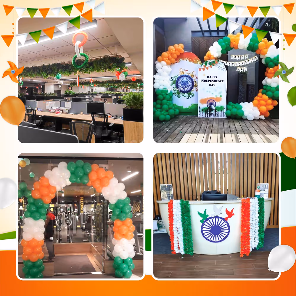 Ceiling with paper kites, tricolour buntings and hangings creates a symphony of colors