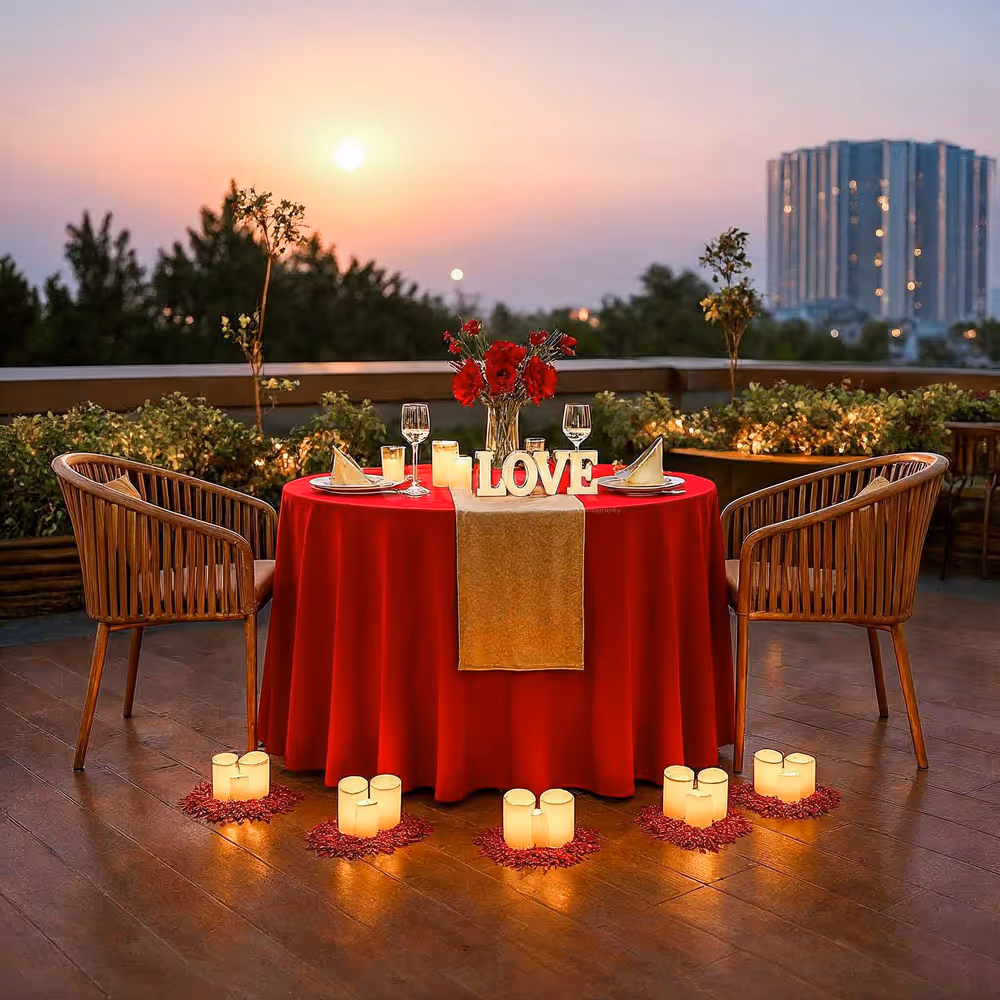 Beautiful romantic poolside dining with your partner in gurugram, candlelight dinner in delhi ncr