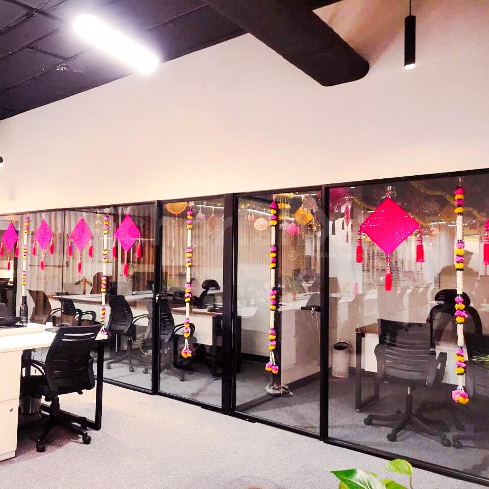 Decoration elements create a festive entrance or pathway using colours and textures