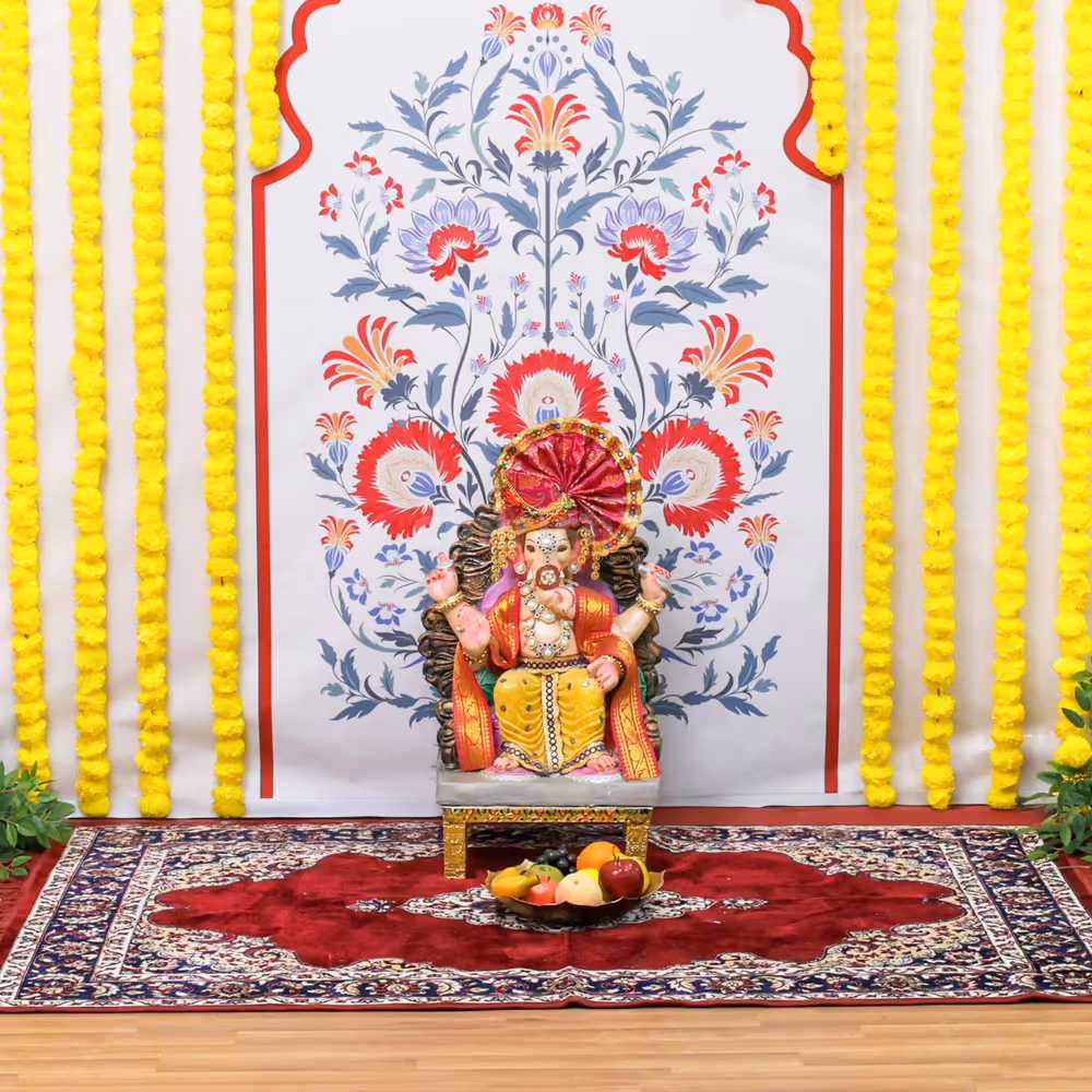 Two vibrant bouquets complete the ceremonial look and add colors