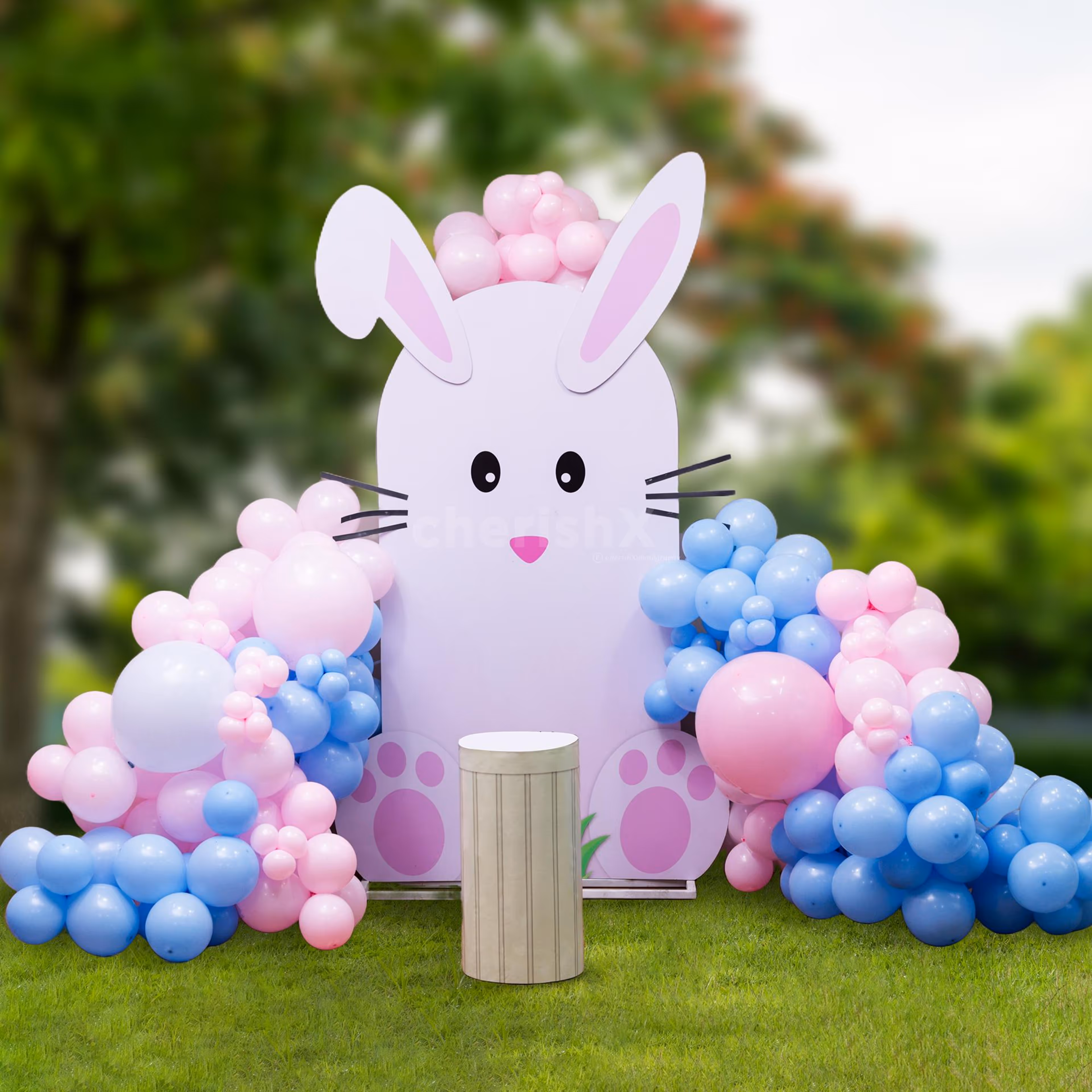 Celebrate in full swing with giant bunny ears and lots of colorful balloons
