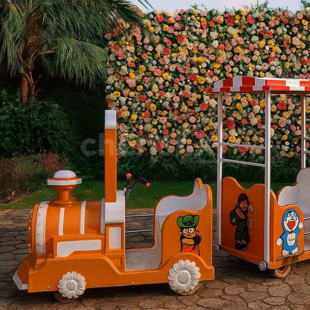 Bright and colourful battery-operated train setup perfect for kids’ celebrations