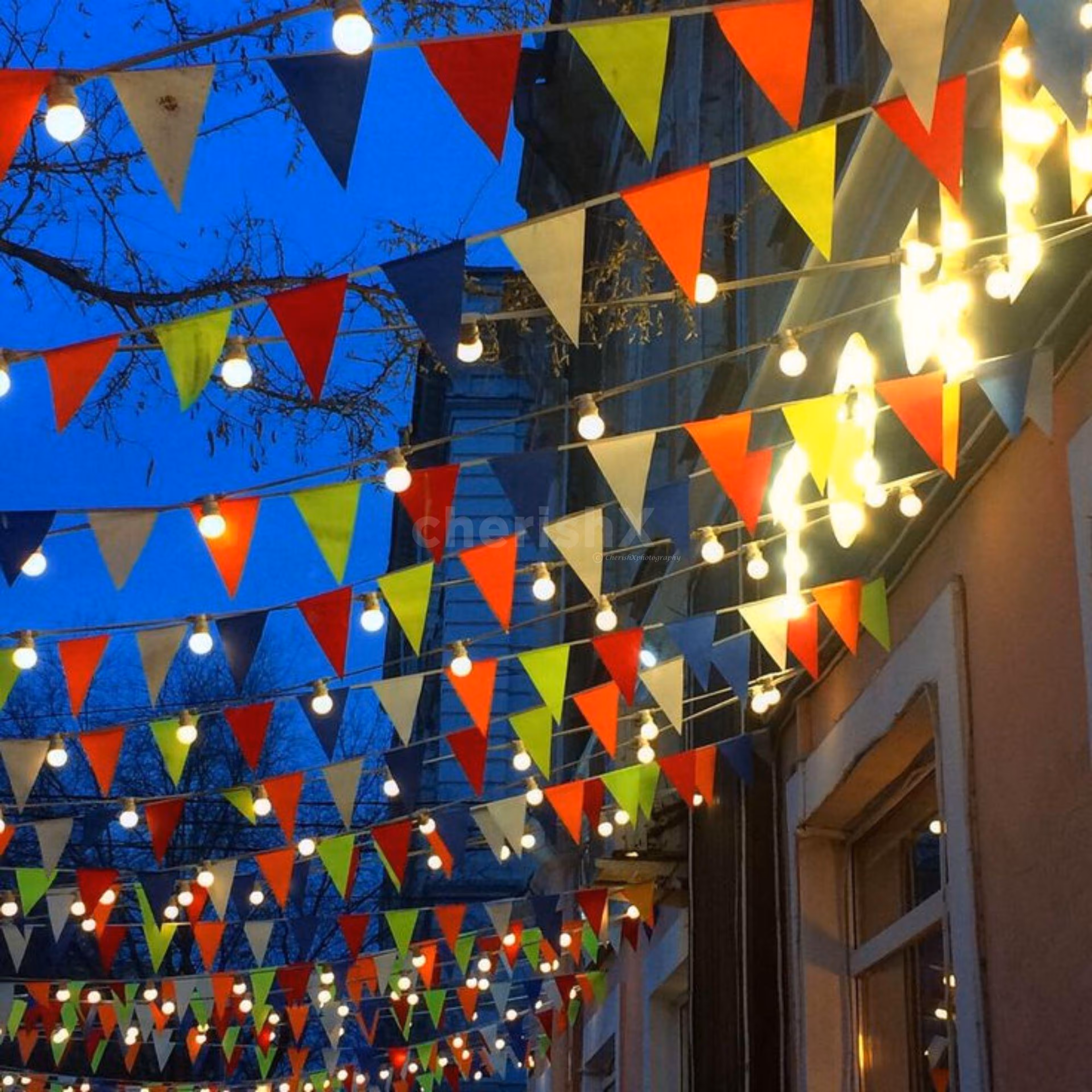 A country Holi party under colorful buntings and fairy lights!